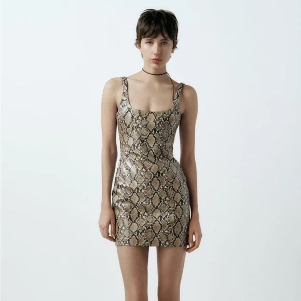 Zara Snake-Print faux leather Mini Dress - Beige & Black